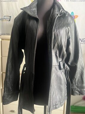 Men's Black Leather Zip Jacket with Belted Waist